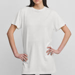 woman wearing a whitecotton-cashmere mini t-shirt dress.