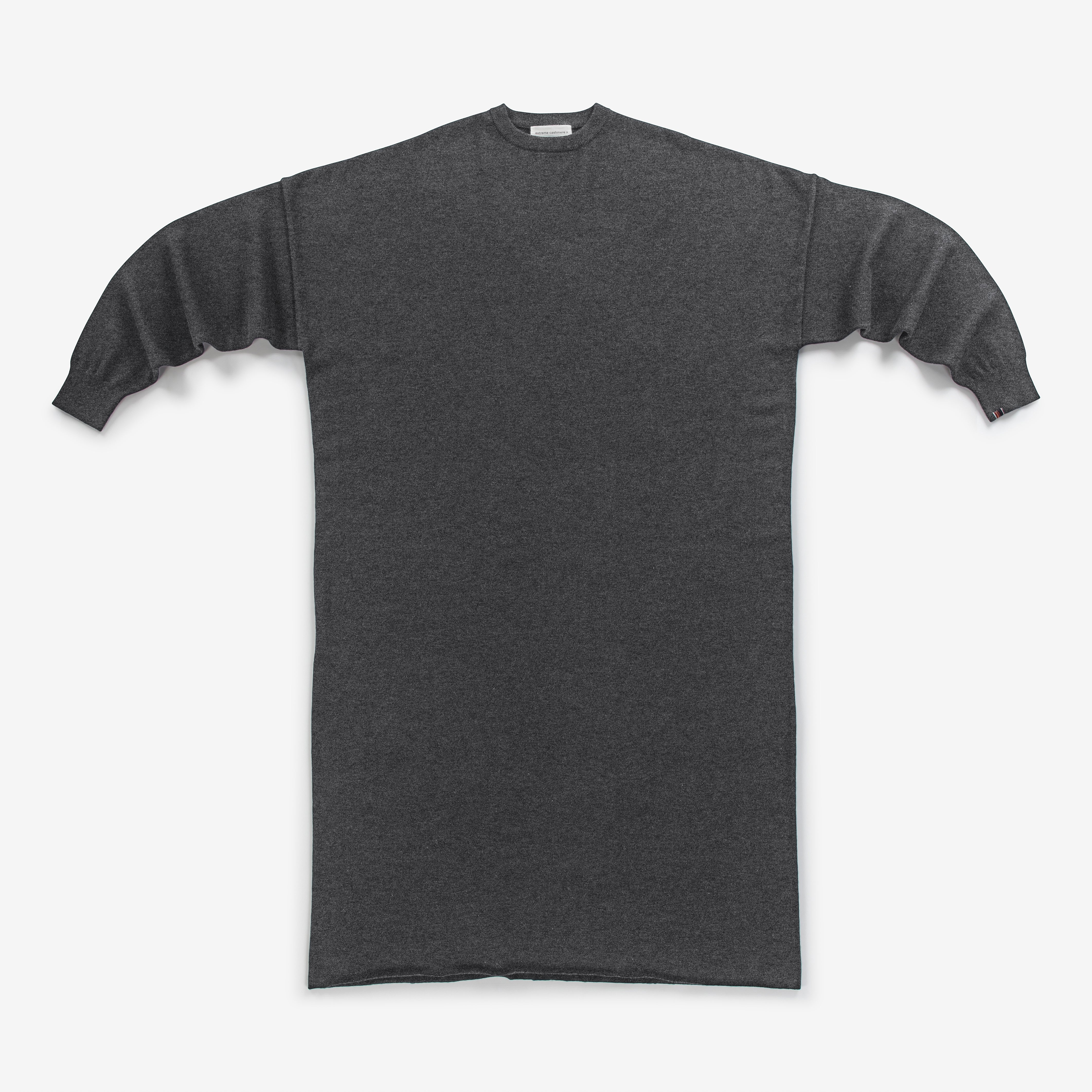 oversized dark grey cashmere maxi dress with crew neck and long sleeves, laid flat.