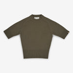 olive green cashmere crew-neck sweater with short sleeves and ribbed trims, laid flat.