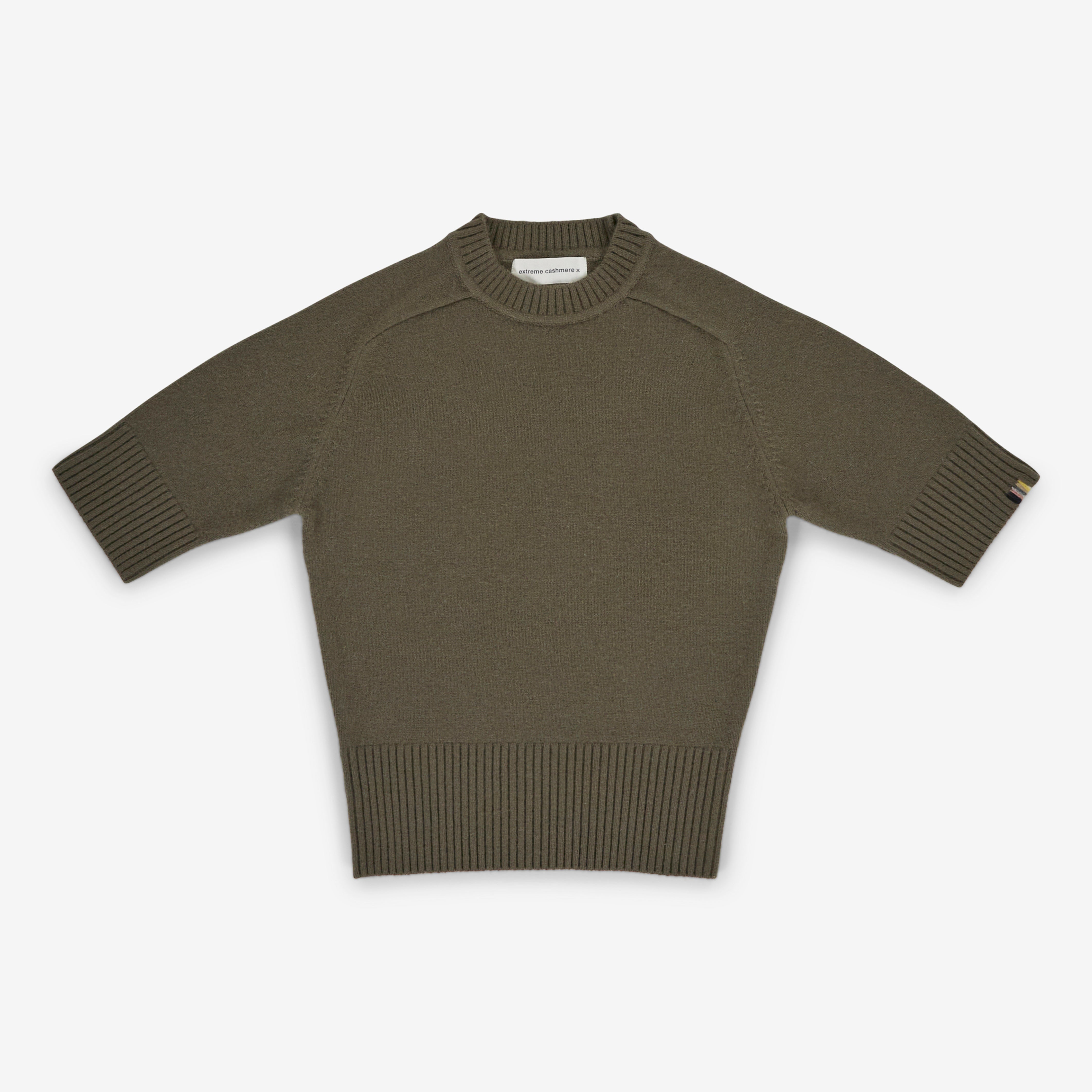 olive green cashmere crew-neck sweater with short sleeves and ribbed trims, laid flat.