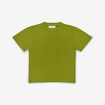 green short-sleeved cotton cashmere crewneck t-shirt, laid flat.