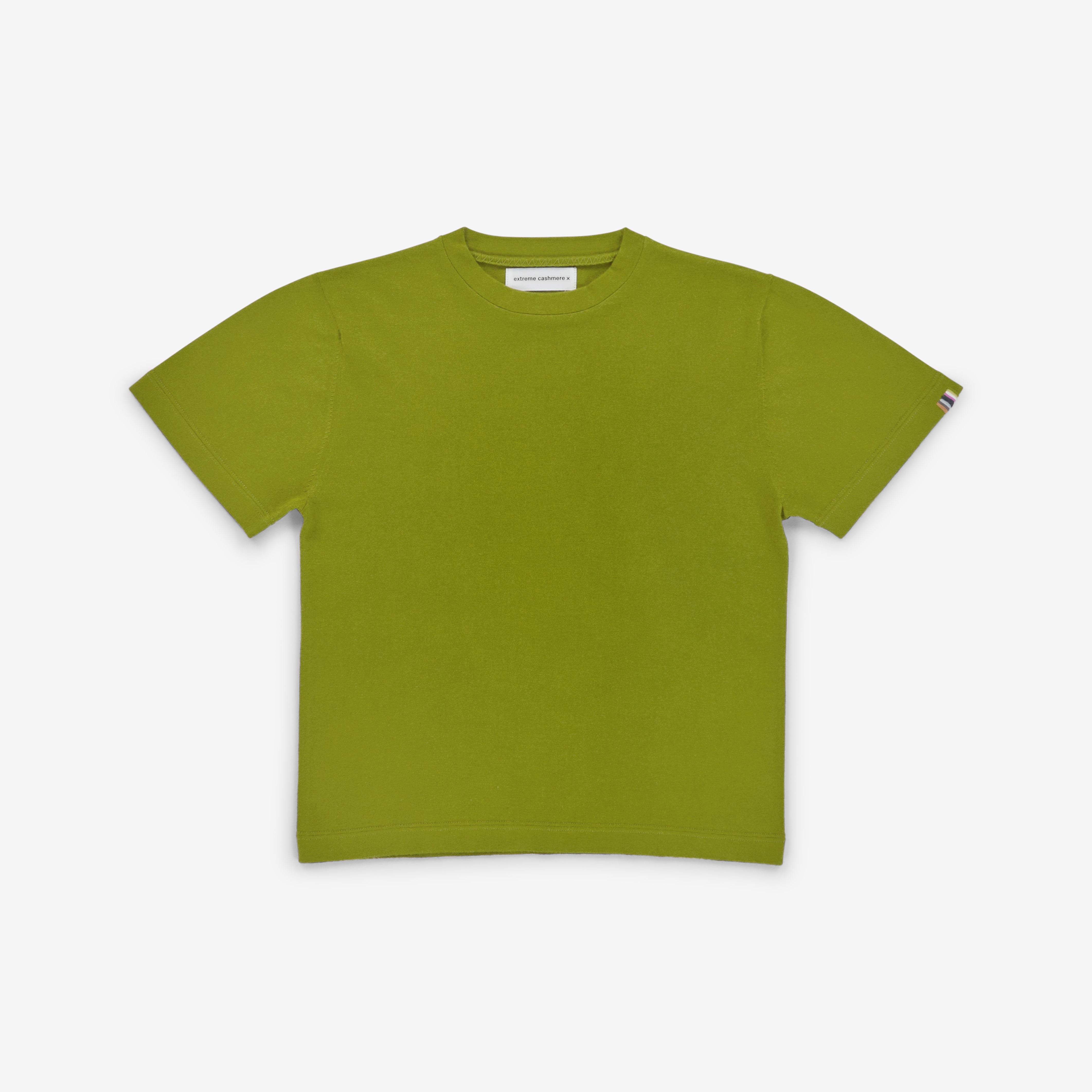 green short-sleeved cotton cashmere crewneck t-shirt, laid flat.